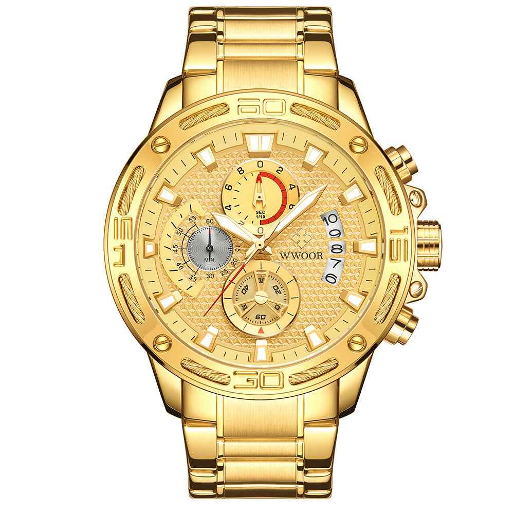WWOOR Modische Herrenuhr – Luxuriöser Gold-Chronograph aus Edelstahl (Quarz) – Wasserdichte Sportuhr