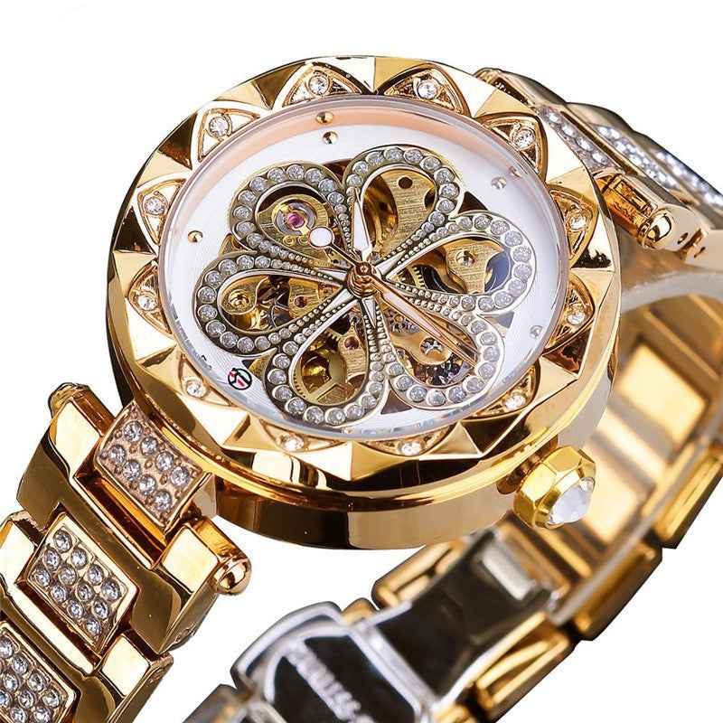 Forsining Mechanische Automatikuhr für Damen – Luxuriöse Markenuhr mit Strasssteinen, Roségold-Edelstahl