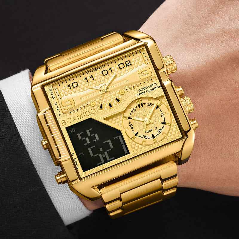 BOAMIGO Neue Luxus-Markenuhr für Herren – Goldfarbene Sportuhr aus Edelstahl mit quadratischem Gehäuse, großer Digital-Analog-Quarzanzeige