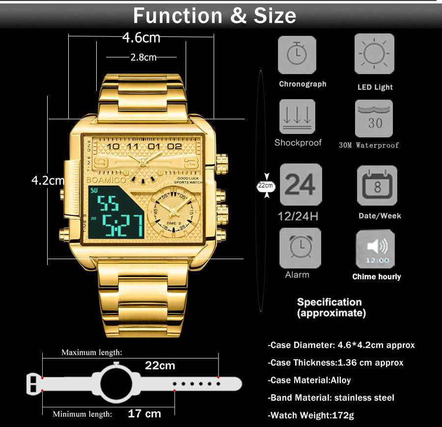 BOAMIGO Neue Luxus-Markenuhr für Herren – Goldfarbene Sportuhr aus Edelstahl mit quadratischem Gehäuse, großer Digital-Analog-Quarzanzeige