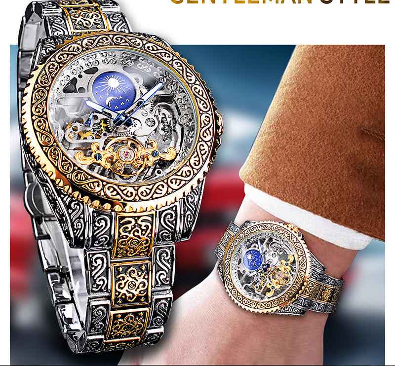 Mechanische Forsining-Herrenarmbanduhr im Luxus-Design mit Tourbillon und skelettiertem, graviertem Uhrwerk