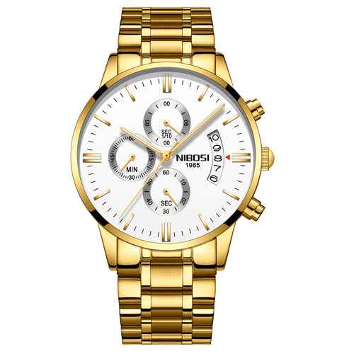 Herren-Chronograph – Sportliche Luxus-Armbanduhr für Herren, wasserdicht, komplett aus Edelstahl, Quarzwerk, Gold-Optik