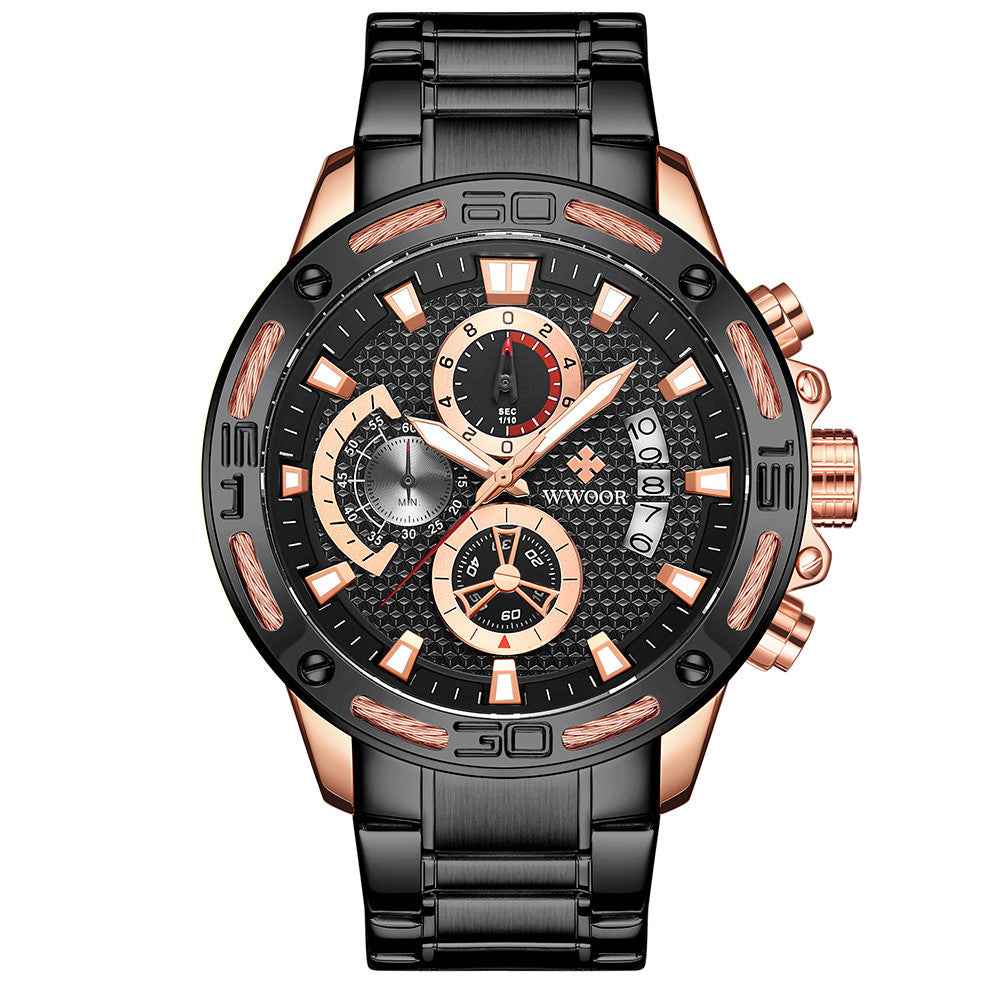 WWOOR Modische Herrenuhr – Luxuriöser Gold-Chronograph aus Edelstahl (Quarz) – Wasserdichte Sportuhr