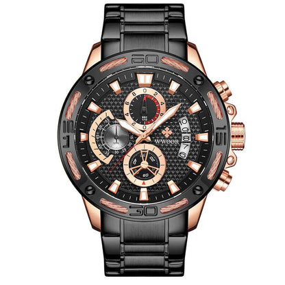 WWOOR Modische Herrenuhr – Luxuriöser Gold-Chronograph aus Edelstahl (Quarz) – Wasserdichte Sportuhr