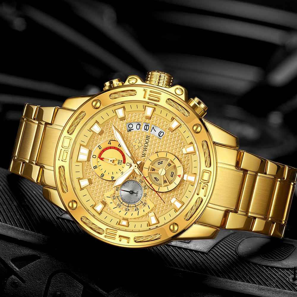 WWOOR Modische Herrenuhr – Luxuriöser Gold-Chronograph aus Edelstahl (Quarz) – Wasserdichte Sportuhr