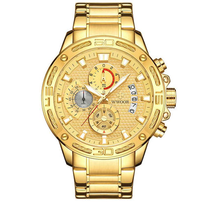 WWOOR Modische Herrenuhr – Luxuriöser Gold-Chronograph aus Edelstahl (Quarz) – Wasserdichte Sportuhr