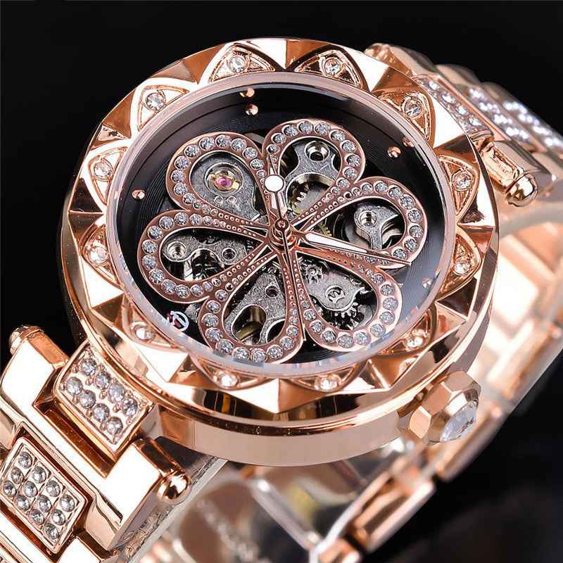 Forsining Mechanische Automatikuhr für Damen – Luxuriöse Markenuhr mit Strasssteinen, Roségold-Edelstahl