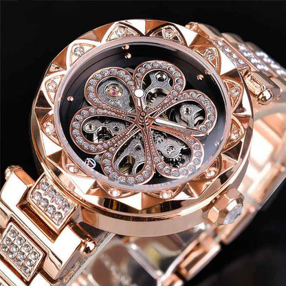 Forsining Mechanische Automatikuhr für Damen – Luxuriöse Markenuhr mit Strasssteinen, Roségold-Edelstahl