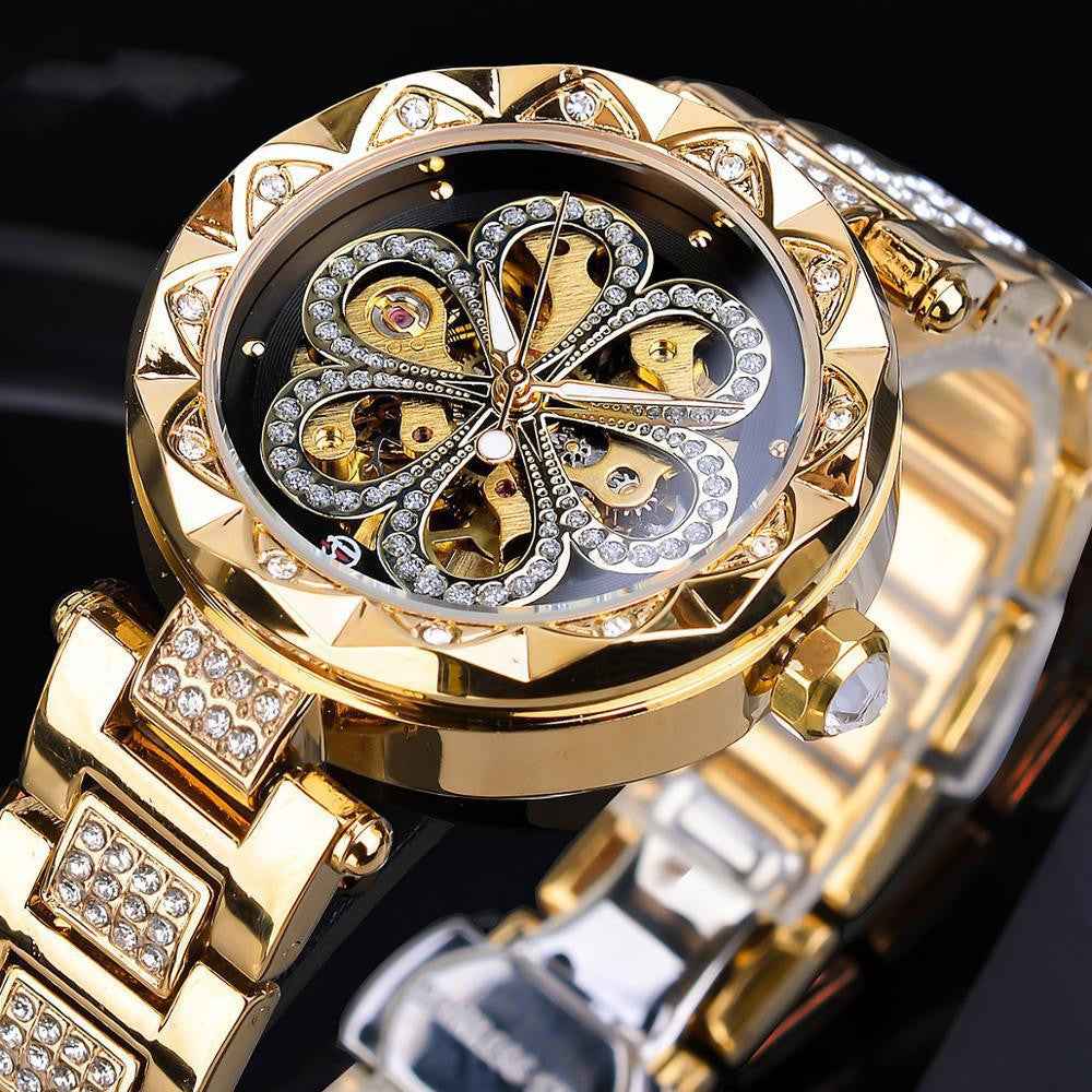 Forsining Mechanische Automatikuhr für Damen – Luxuriöse Markenuhr mit Strasssteinen, Roségold-Edelstahl