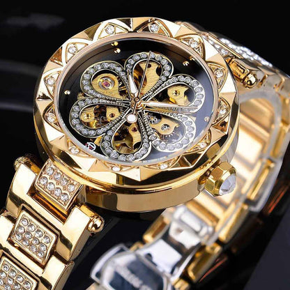 Forsining Mechanische Automatikuhr für Damen – Luxuriöse Markenuhr mit Strasssteinen, Roségold-Edelstahl