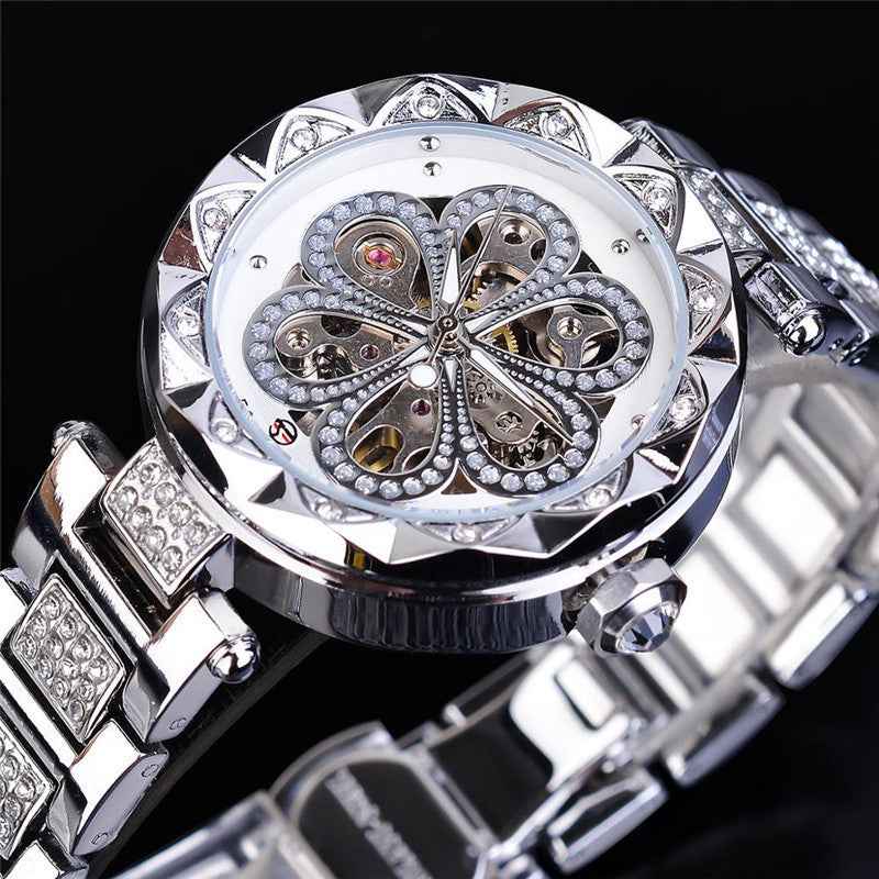 Forsining Mechanische Automatikuhr für Damen – Luxuriöse Markenuhr mit Strasssteinen, Roségold-Edelstahl