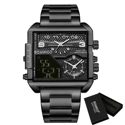 BOAMIGO Neue Luxus-Markenuhr für Herren – Goldfarbene Sportuhr aus Edelstahl mit quadratischem Gehäuse, großer Digital-Analog-Quarzanzeige