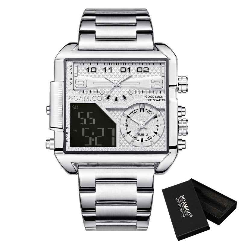 BOAMIGO Neue Luxus-Markenuhr für Herren – Goldfarbene Sportuhr aus Edelstahl mit quadratischem Gehäuse, großer Digital-Analog-Quarzanzeige