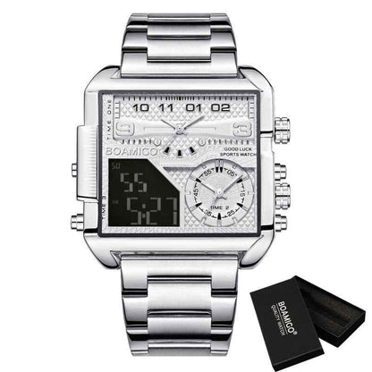 BOAMIGO Neue Luxus-Markenuhr für Herren – Goldfarbene Sportuhr aus Edelstahl mit quadratischem Gehäuse, großer Digital-Analog-Quarzanzeige
