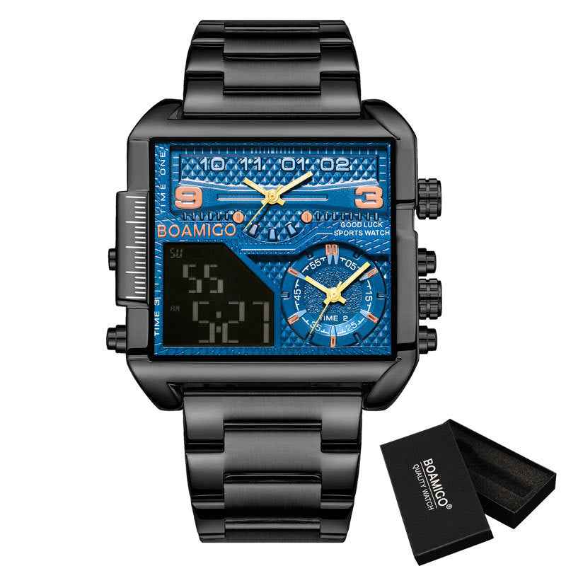 BOAMIGO Neue Luxus-Markenuhr für Herren – Goldfarbene Sportuhr aus Edelstahl mit quadratischem Gehäuse, großer Digital-Analog-Quarzanzeige