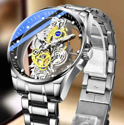 Automatische Skelett-Herrenuhr (Quarz-Hybrid) in Gold – Vintage-Design – Luxusmarke