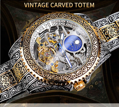 Mechanische Forsining-Herrenarmbanduhr im Luxus-Design mit Tourbillon und skelettiertem, graviertem Uhrwerk
