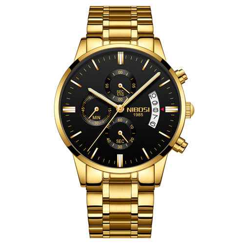 Herren-Chronograph – Sportliche Luxus-Armbanduhr für Herren, wasserdicht, komplett aus Edelstahl, Quarzwerk, Gold-Optik