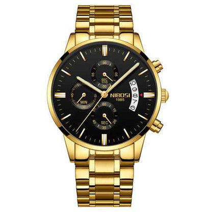 Herren-Chronograph – Sportliche Luxus-Armbanduhr für Herren, wasserdicht, komplett aus Edelstahl, Quarzwerk, Gold-Optik