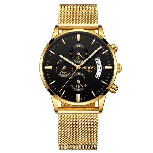 Herren-Chronograph – Sportliche Luxus-Armbanduhr für Herren, wasserdicht, komplett aus Edelstahl, Quarzwerk, Gold-Optik