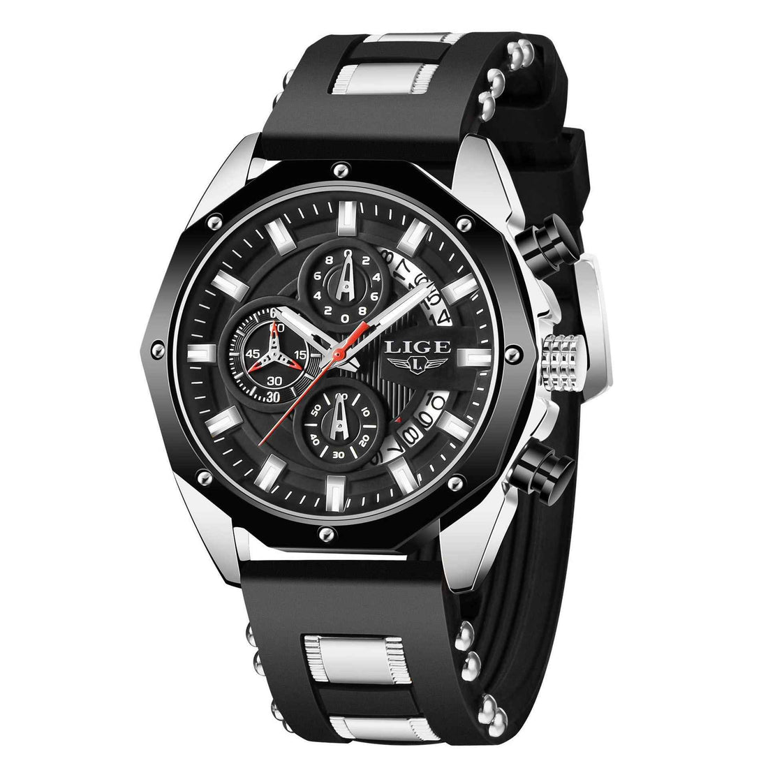 Modische Herrenuhr – Luxuriöse Sportuhr einer Top-Marke mit Silikonarmband, Quarzwerk, Datumsanzeige, wasserdicht, Chronograph